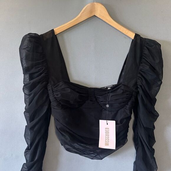 🎉5 for $45  🎉NWT Missguided Crop Top Blouse Shirt Mesh Size 2 Black - Picture 3 of 6